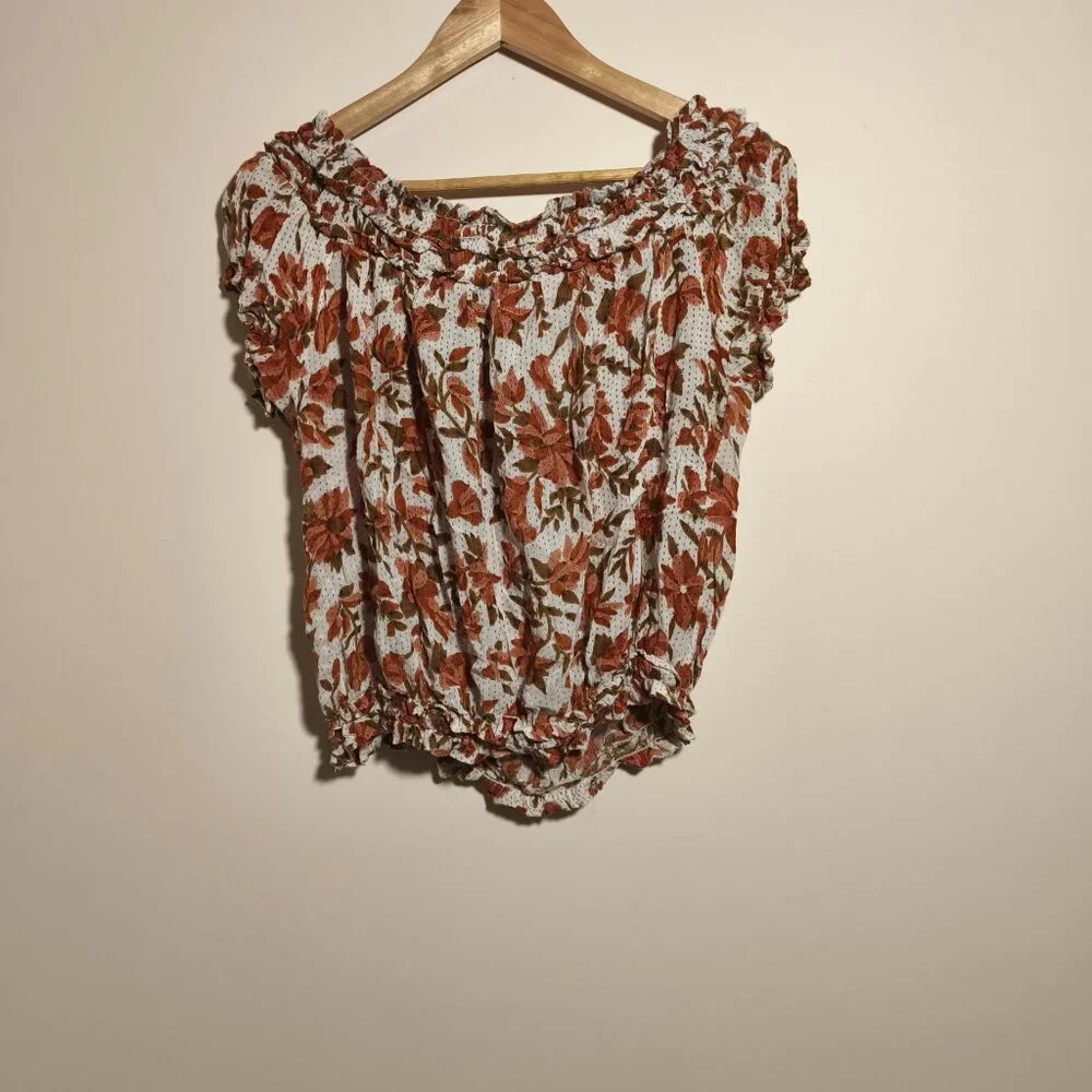 Free People One Suki Off Shoulder Floral Crop Blouse sz M Orange Ivory Festival
